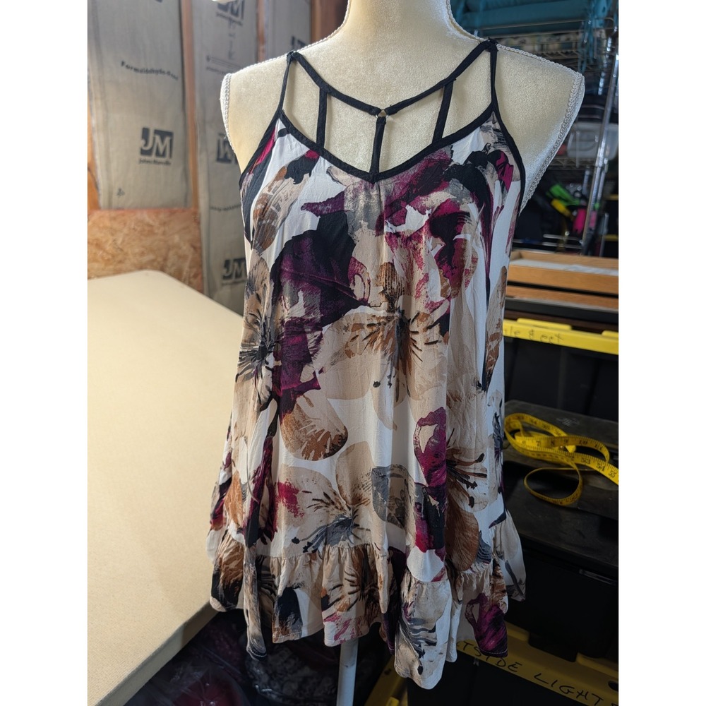 Entro Women Sleeveless Size S Adjust Straps Web Neckline Floral Ruffle Bottom